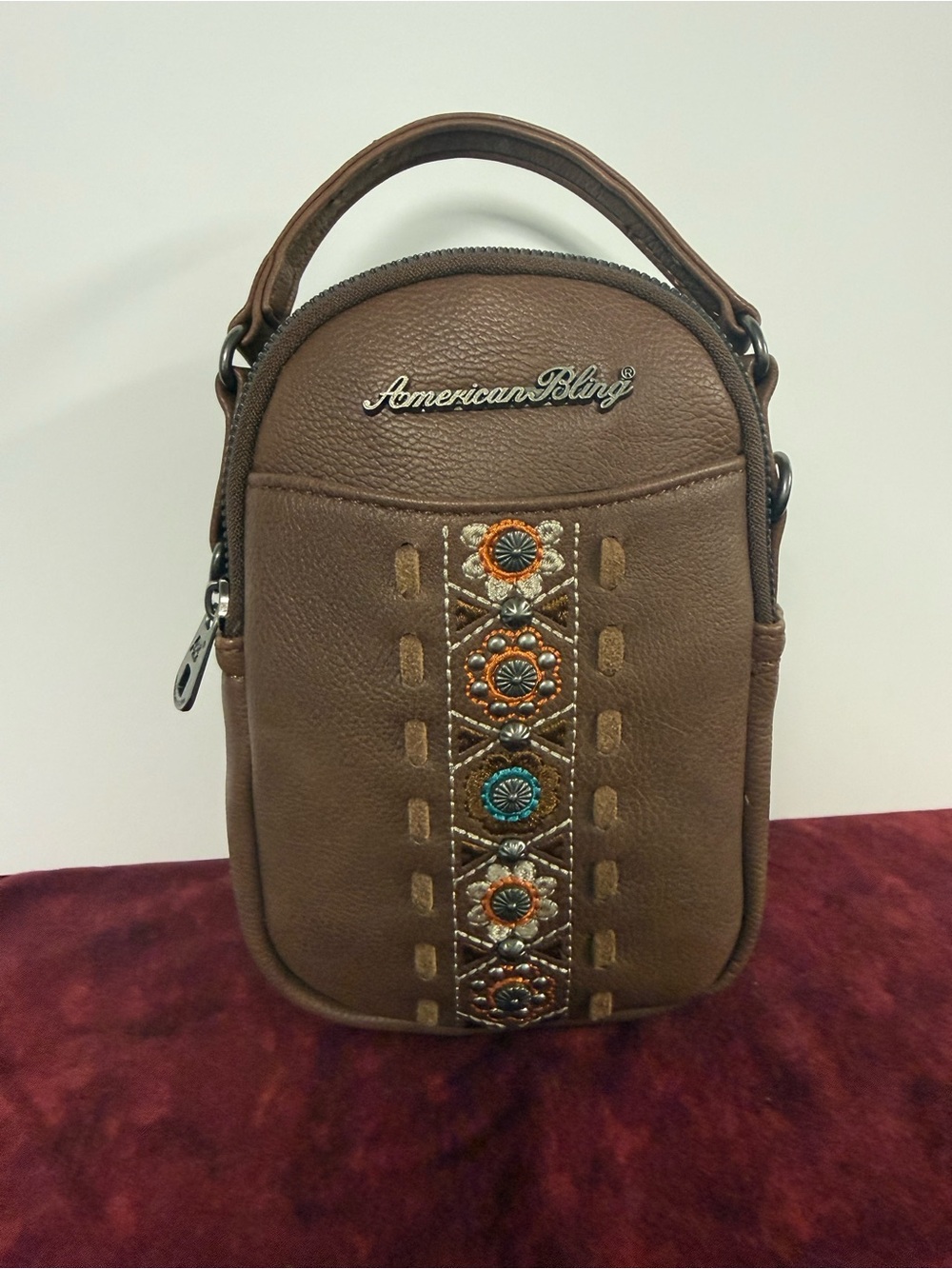 American Bling Western Crossbody Bag Brown Concho Embroidered NEW
